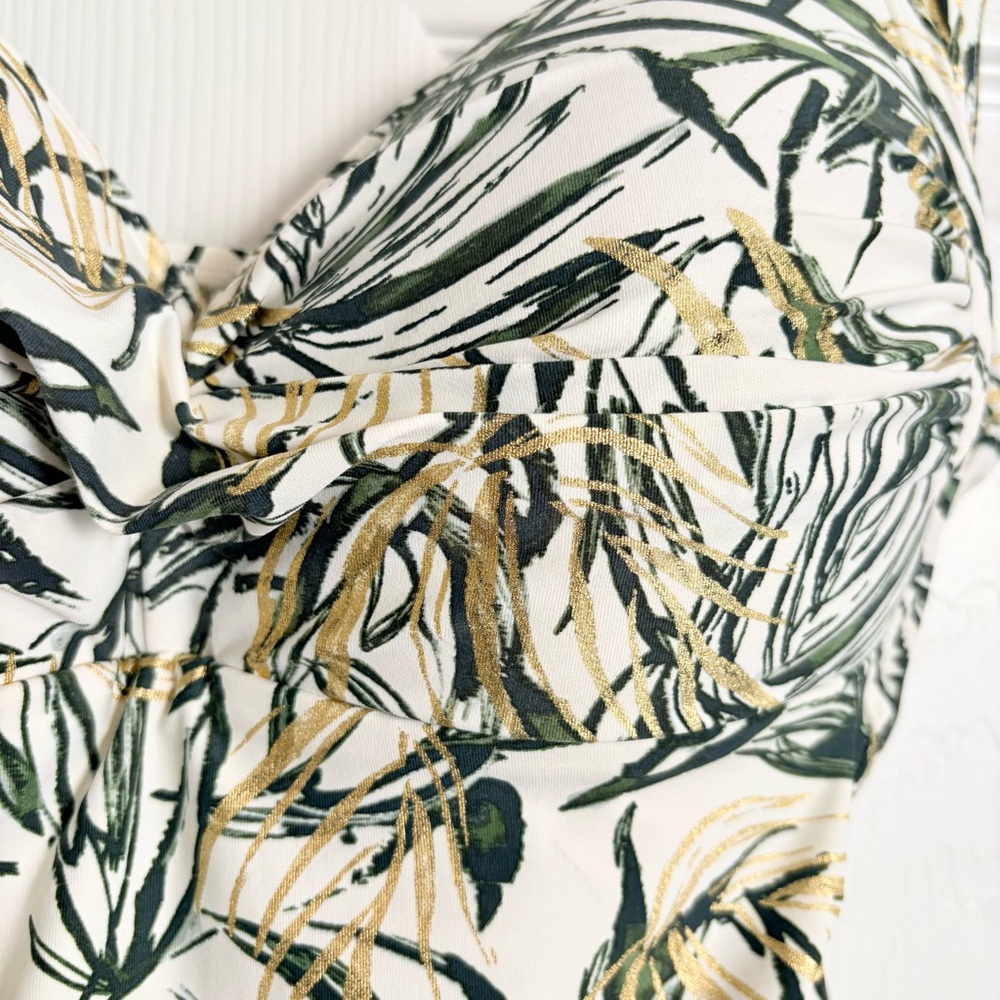Niptuck Swimsuit One Piece Green Gold Tropical Leaf Padded Ruched Lined Size 10 - Picture 10 of 16